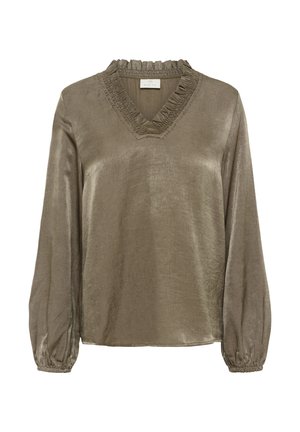 Olijfgroene blouse met een V-hals en gerimpelde afwerking. Lange puffmouwen met elastische manchetten. Glad, iets glanzende textuur.