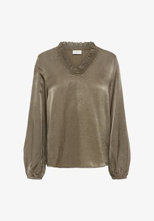 Olive green blouse with a V-neckline and ruffled trim. Long puff sleeves with elastic cuffs. Smooth, slightly shiny texture.