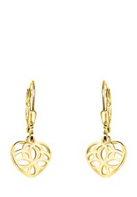 Orecchini a cerchio color oro con un design a cuore aperto che presenta motivi floreali intrecciati. Texture liscia e finitura lucida.