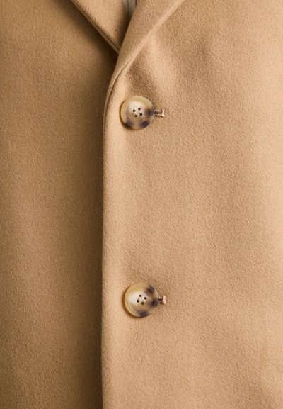 Detailní pohled na vlněný kabát v barvě kamel s dvěma velkými kulatými knoflíky ze želvoviny a s přeloženým límcem.