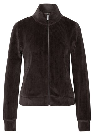 Donkerbruin corduroy ritsjack met een hoge kraag, lange mouwen, ribgebreide manchetten en een gladde textuur. Voorzien van een rits aan de voorkant.