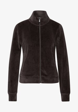 Mörkbrun kordflod zip-up jacka med hög krage, långa ärmar, ribbade muddar och en mjuk textur. Har en framfickslåsningsdragkedja.