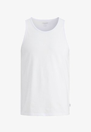 White cotton tank top with a round neck, featuring a smooth texture and subtle brand label on the lower side.