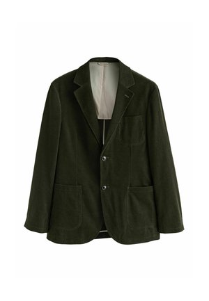 Blazer din corduroy verde închis, cu rever tip notch, două buzunare frontale, un buzunar pe piept și închidere cu două butoane. Interior căptușit.