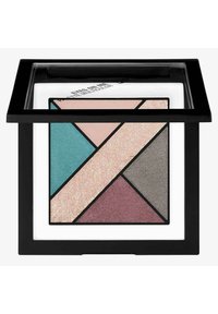 Palette di ombretti con sei sezioni geometriche in turchese, rosa, crema iridescente, grigio, mogano e malva. Astuccio quadrato nero.