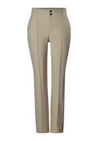 Pantaloni beige su misura con due bottoni frontali, taglio dritto e dettagli delle cuciture visibili lungo le gambe. Texture liscia e vita media.