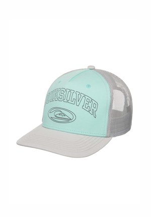 Hellblaues und graues Baseballcap aus Mesh mit gebogenem Schirm, vorne mit dem Schriftzug "Quiksilver" und Logo auf dem Frontpanel.
