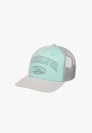 Casquette de baseball en maille bleu clair et grise avec une visière incurvée, comportant le texte "Quiksilver" et un logo sur le panneau avant.
