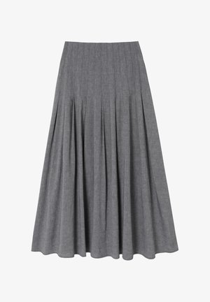 Gonna grigia plissettata realizzata in tessuto leggero. Presenta una vita aderente e si allarga dolcemente verso l'orlo con una texture liscia.