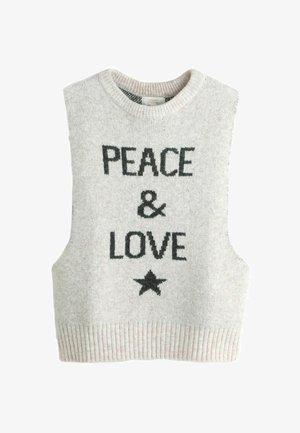 Pulover gri fără mâneci, tricotat, cu textul "PACE & DRAGOSTE" și o stea, având tiv striat și un finisaj moale, texturat.