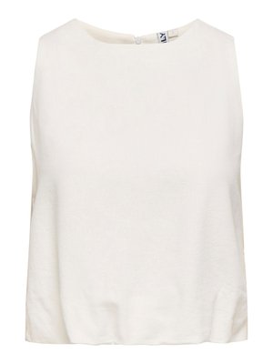 Mouwloze crème blouse met ronde hals en rits aan de achterkant, gemaakt van lichtgewicht stof.