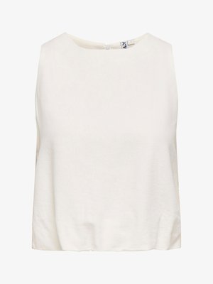 Mouwloze crème blouse met ronde hals en rits aan de achterkant, gemaakt van lichtgewicht stof.