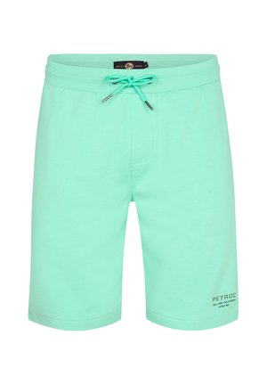 Licht turquoise herenshorts met elastische tailleband en verstelbare aantrekkoordsluiting, met kleine bedrukte tekst vlak bij de onderzoom.