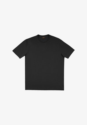 Czarna bawełniana koszulka z okrągłym dekoltem i krótkimi rękawami. Prosty design, gładka tekstura i brak widocznych wzorów czy akcentów.