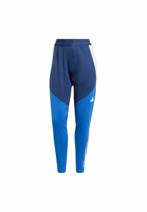 Sportliche Hosen in einem blau-navy Farbschema, aus glattem Material, mit tailliertem Schnitt und einem weißen Logo-Akzent am unteren Bein.