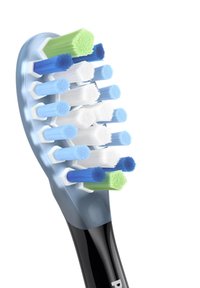 Tête de brosse à dents électrique avec une base noire et un dessus translucide bleu. Dispose de plusieurs couleurs de poils : vert, bleu et blanc, de longueurs variées.