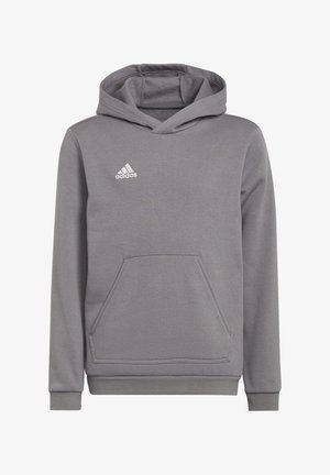 Szara bluza z kapturem, wykonana z miękkiego materiału, z przednią kieszenią, ściągaczami na rękawach oraz białym logo Adidas na piersi.
