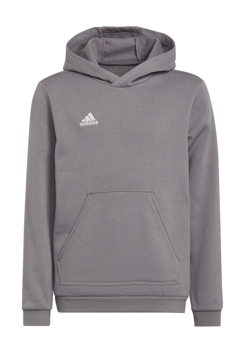 Szara bluza z kapturem, wykonana z miękkiego materiału, z przednią kieszenią, ściągaczami na rękawach oraz białym logo Adidas na piersi.