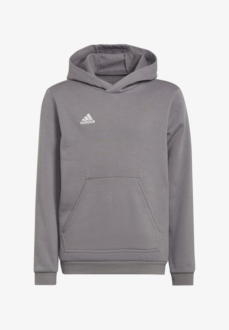 Szara bluza z kapturem, wykonana z miękkiego materiału, z przednią kieszenią, ściągaczami na rękawach oraz białym logo Adidas na piersi.