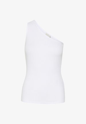 Asümmeetriline valge ribadega särk ühe õlavarre kujundusega. Sile tekstuur, hästi istuv kuju ning puuduvad nähtavad mustrid või riistvara detailid.