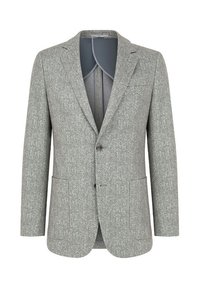 Jasnoszary żakiet w jodełkę z dwiema przednimi kieszeniami i dwoma guzikami. Gładka podszewka wewnętrzna w jednolitym kolorze.