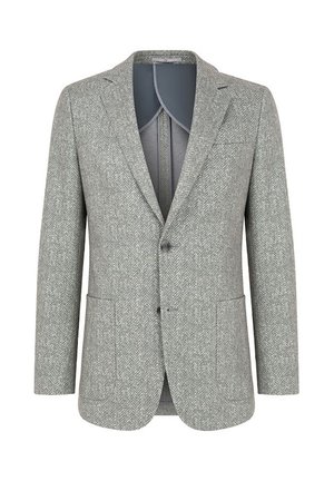 Jasnoszary żakiet w jodełkę z dwiema przednimi kieszeniami i dwoma guzikami. Gładka podszewka wewnętrzna w jednolitym kolorze.