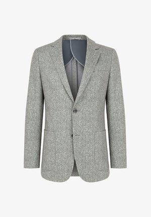 Jasnoszary żakiet w jodełkę z dwiema przednimi kieszeniami i dwoma guzikami. Gładka podszewka wewnętrzna w jednolitym kolorze.