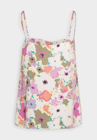 Haut cami floral en tissu léger avec des teintes de rose, violet et vert. Fines bretelles ajustables avec une coupe ample et fluide et un ourlet arrondi.