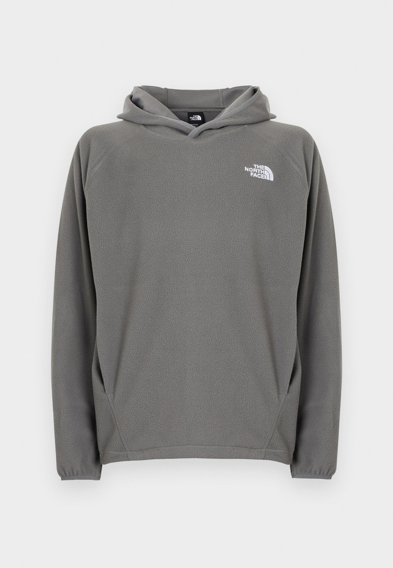 Gray fleece hoodie featuring a front pocket, adjustable drawstring hood, and a small white logo on the left chest area.