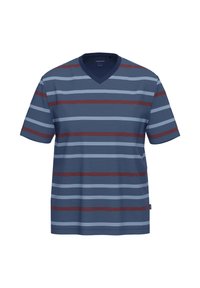 V-neck short-sleeve shirt featuring navy blue and light blue horizontal stripes with red accents, made from a lightweight, textured fabric.