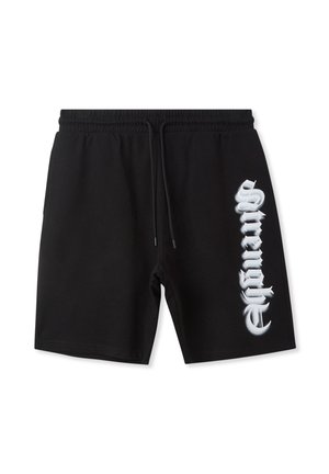 Pantaloni corti neri in cotone con vita elastica e cordoncino, caratterizzati da una grande grafica bianca "forza" stampata verticalmente sulla gamba sinistra.