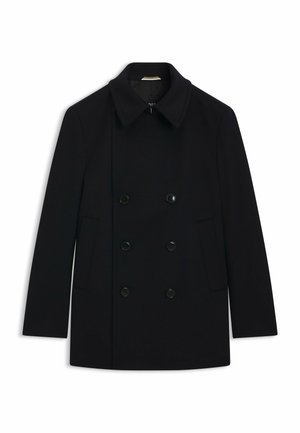 Black wool peacoat featuring a double-breasted design, large collar, and two side pockets. It has six black buttons as accents.
