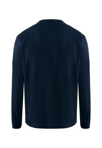 Navyblaues Langarmhemd aus weichem Stoff, mit rundem Halsausschnitt und glatter Textur, sowie einem geraden Saum am unteren Ende.