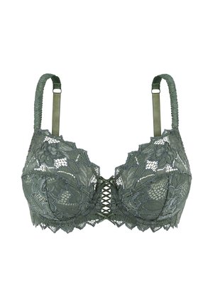 Soutien-gorge en dentelle olive avec des bords festonnés, des bretelles ajustables et un détail de laçage à l'avant, présentant des motifs géométriques et une superposition en mesh.