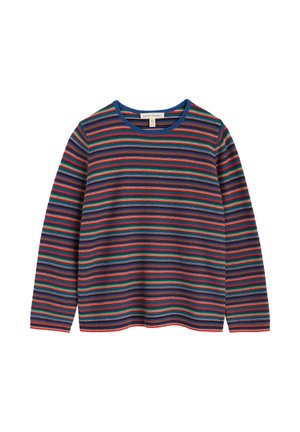 Ilgi piedurkņu džemperis ar šaurām horizontālām svītrām zilā, zaļā, sarkanā, oranžā un baltā krāsā, ar zilu apaļu kakla izgriezumu.