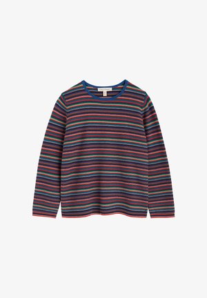 Ilgi piedurkņu džemperis ar šaurām horizontālām svītrām zilā, zaļā, sarkanā, oranžā un baltā krāsā, ar zilu apaļu kakla izgriezumu.