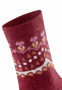 Calzino a maglia alla caviglia color bordeaux con un retro testurizzato a coste. Presenta un design decorato con accenti rosa, bianchi e marroni.