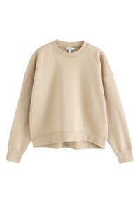 Bež skraćena majica dugih rukava s okruglim izrezom, spuštenim ramenima, rebrastim manšetama i mekanim, teksturiranim tkanjem.