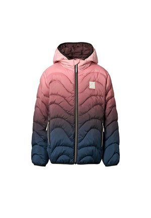 Giacca imbottita con cappuccio e trapuntatura ad onde, sfumatura dal rosa al blu navy, zip frontale e tasche laterali con zip.