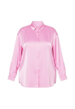 Langärmlige, knöpfbare Satinbluse in glänzendem Pastellrosa mit klassischem Kragen und legerer Passform.