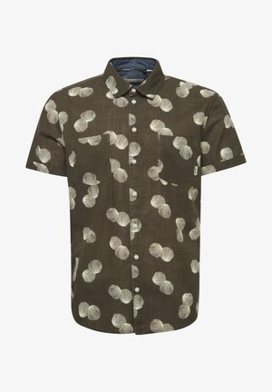 Kurzarmshirt aus dunkelgrünem Stoff mit einem cremefarbenen Muschel-Muster, durchgehender Knopfleiste und einer Brusttasche auf der linken Seite.
