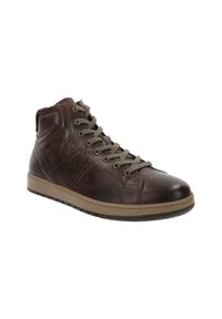 Zapatos altos de cuero marrón con cordones grises, puntera redondeada, soporte acolchado para el tobillo y suela de goma con un acento beige en contraste.