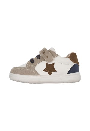 White and beige toddler sneaker with brown star detail, navy accents, Velcro strap labeled Chicco, and white rubber sole.