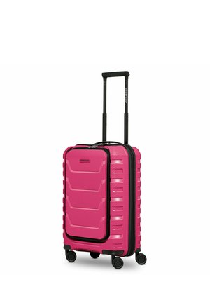 Roze harde koffer met een voorvak, een uitschuifbaar handvat en vier 360 graden draaibare wielen voor eenvoudige wendbaarheid.