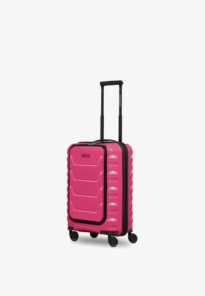 Valise rigide rose avec un compartiment avant, une poignée télescopique et quatre roues pivotantes à 360 degrés pour une maniabilité aisée.