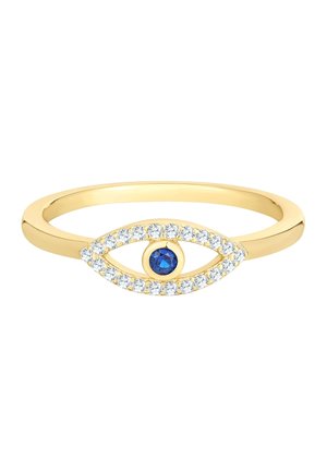 Anello d'oro con un design a occhio, gemma blu centrale circondata da pietre trasparenti, con una fascia liscia e arrotondata.