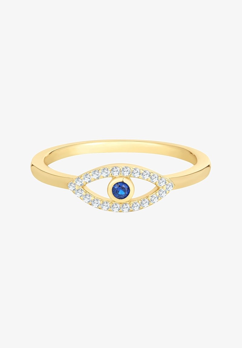 Zelta gredzens ar acs dizainu, centrā novietots zils dārgakmens, ko ieskauj caurspīdīgi akmeņi, ar gludu, noapaļotu joslu.