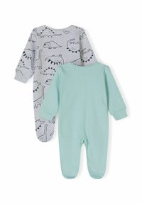 To baby-onesies: en grå med sort dinosaurprint, og en ensfarvet mintgrøn. Begge har lange ærmer og fødder.