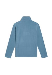 Fleece-pullover i lys blå, med høj krave og lange ærmer, blød tekstur uden synlige mønstre eller hardware. Vist bagfra.