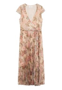 Blumen Wickelkleid in Beige mit rosa und grünen Mustern. Verfügt über kurze Ärmel, eine Taillenschnürung und einen plissierten Rock für Struktur.